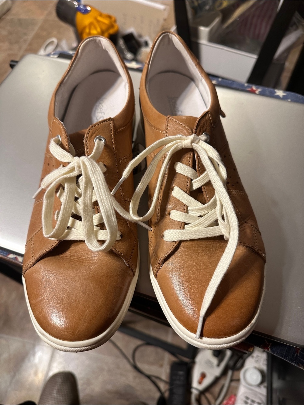 Josef Seibel Tan Leather Casual Lace-Up Sneakers with Cream Laces
